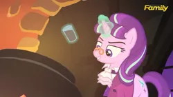 Size: 1280x720 | Tagged: a hearth's warming tail, chocolate, chocolate milk, clothes, costume, derpibooru import, discovery family logo, edit, edited screencap, everything is ruined, exploitable meme, food, glasses, levitation, magic, meme, milk, pure unfiltered evil, safe, screencap, snowfall frost, solo, spilled milk, starlight glimmer, telekinesis