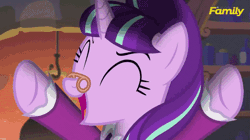 Size: 716x401 | Tagged: safe, derpibooru import, screencap, snowfall frost, starlight glimmer, pony, unicorn, a hearth's warming tail, animated, clothes, discovery family logo, female, gif, glasses, mare, solo, spinning, you spin me right round