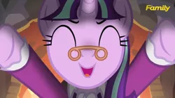 Size: 1600x900 | Tagged: a hearth's warming tail, derpibooru import, discovery family logo, ebenezer scrooge, safe, screencap, singing, snowfall frost, solo, starlight glimmer, underhoof