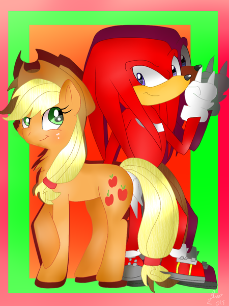 Size: 1024x1365 | Tagged: applejack, artist:abrilelizabeth, artist:diamond--rose, crossover, derpibooru import, knuckles the echidna, safe, sonic the hedgehog (series)