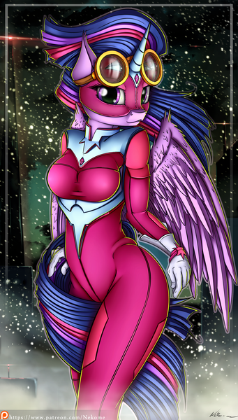 Size: 1797x3163 | Tagged: alicorn, anthro, artist:neko-me, breasts, busty twilight sparkle, clothes, derpibooru import, female, goggles, lip bite, mask, masked matter-horn, patreon, patreon logo, power ponies, power ponies (episode), safe, signature, solo, spandex, superhero, twilight sparkle, twilight sparkle (alicorn)