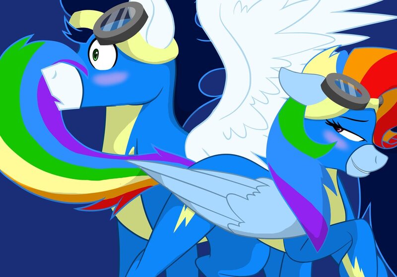 Size: 1024x715 | Tagged: safe, artist:colourstrike, derpibooru import, rainbow dash, soarin', pegasus, pony, newbie dash, blushing, clothes, duo, female, male, rainbow fash, shipping, soarindash, spread wings, straight, tail seduce, uniform, wingboner, wings, wonderbolts uniform