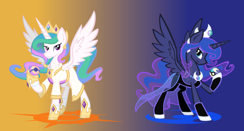 Size: 1600x860 | Tagged: artist:agentkirin, crossover, derpibooru import, pokémon, pokémon sun and moon, princess celestia, princess luna, safe, sun vs moon