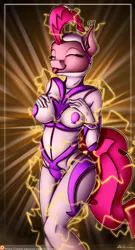 Size: 1815x3349 | Tagged: suggestive, alternate version, artist:neko-me, derpibooru import, fili-second, pinkie pie, anthro, power ponies (episode), breasts, busty pinkie pie, clothes, electricity, electrostim, eyes closed, female, patreon, patreon logo, power ponies, solo, solo female, superhero, tongue out