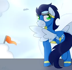 Size: 1024x1000 | Tagged: safe, artist:ultrard, derpibooru import, soarin', pegasus, pony, clothes, cloud, cloudy, colored pupils, flag, looking back, male, pennant, raised hoof, raised leg, smiling, smirk, solo, spread wings, stallion, uniform, wings, wonderbolts uniform