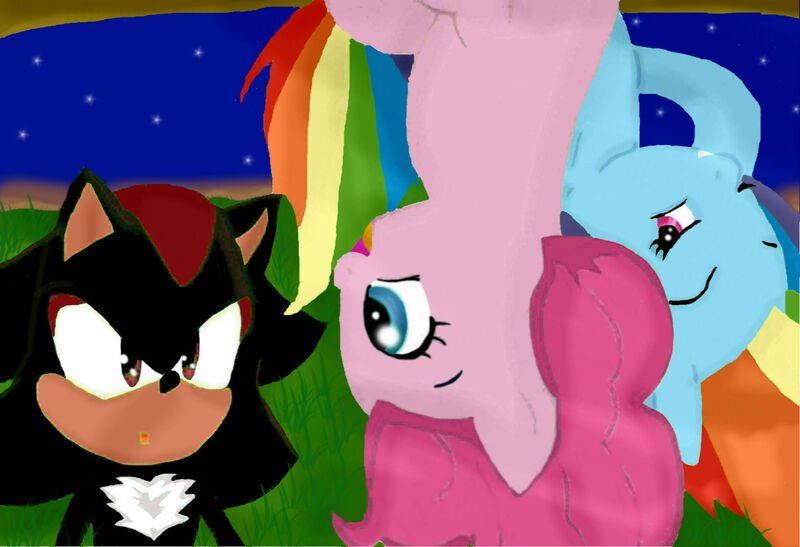 Size: 2478x1693 | Tagged: artist:simsvaleria, crossover, derpibooru import, pinkie pie, rainbow dash, safe, sega, shadow the hedgehog, sonic the hedgehog (series), upside down, video game