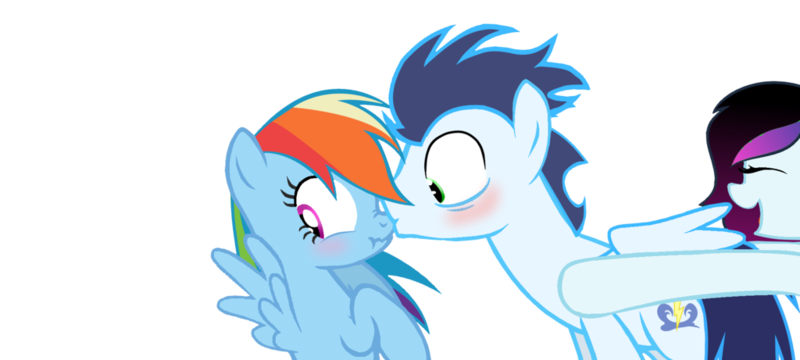 Size: 1024x461 | Tagged: safe, artist:rainbows-in-reality, derpibooru import, rainbow dash, soarin', oc, pony, blushing, female, kissing, male, shipper on deck, shipping, soarindash, straight