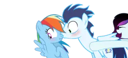 Size: 1024x461 | Tagged: safe, artist:rainbows-in-reality, derpibooru import, rainbow dash, soarin', oc, pony, blushing, female, kissing, male, shipper on deck, shipping, soarindash, straight