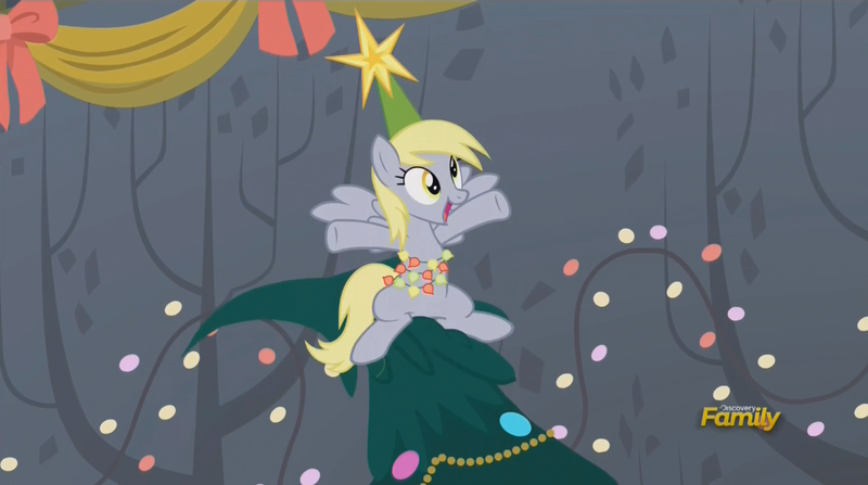 Size: 1478x826 | Tagged: safe, derpibooru import, screencap, derpy hooves, pegasus, pony, a hearth's warming tail, christmas, christmas lights, christmas tree, derpy star, discovery family logo, female, hat, holiday, mare, sitting in a tree, solo, stars, tree