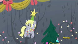 Size: 960x540 | Tagged: safe, derpibooru import, screencap, derpy hooves, pegasus, pony, a hearth's warming tail, animated, christmas, christmas tree, cute, derpabetes, derpy doing derpy things, derpy star, discovery family logo, female, grin, holiday, mare, open mouth, sitting, smiling, solo, spread wings, tree, wings