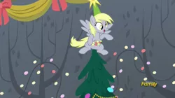 Size: 1315x737 | Tagged: safe, derpibooru import, screencap, derpy hooves, pegasus, pony, a hearth's warming tail, derpy star, discovery family logo, female, mare, not what it looks like, open mouth, out of context, sitting, smiling, solo, spread wings, wings