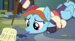 Size: 1906x1048 | Tagged: a hearth's warming tail, derpibooru import, discovery family logo, dustpan, mouth hold, rainbow dash, safe, screencap, snowdash