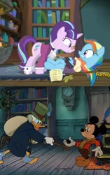 Size: 841x1337 | Tagged: a christmas carol, a hearth's warming tail, comparison, derpibooru import, discovery family logo, harsher in hindsight, mickey mouse, mickey's christmas carol, rainbow dash, safe, screencap, scrooge mcduck, snowdash, snowfall frost, starlight glimmer