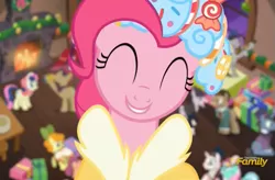 Size: 519x341 | Tagged: safe, derpibooru import, screencap, baroque cloak, bon bon, bonnie rose, carrot top, golden harvest, pinkie pie, spirit of hearth's warming presents, sweetie drops, unnamed character, unnamed pony, earth pony, pony, unicorn, a hearth's warming tail, background pony, discovery family logo, female, male, mare, solo focus, stallion