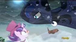 Size: 2497x1377 | Tagged: safe, derpibooru import, screencap, princess luna, snowfall frost, spirit of hearth's warming yet to come, starlight glimmer, pony, unicorn, a hearth's warming tail, discovery family logo, hat, looming, pince-nez, spirit, top hat