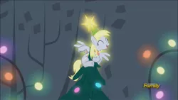 Size: 1920x1080 | Tagged: safe, derpibooru import, screencap, derpy hooves, pegasus, pony, a hearth's warming tail, christmas, christmas tree, derpy star, discovery family logo, female, hearth's warming eve, holiday, mare, solo, stars, tree