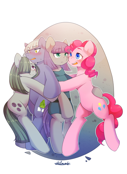 Size: 2795x3825 | Tagged: artist:shilzumi, artist:焰鑰 熾泉, blushing, derpibooru import, group hug, hug, limestone pie, marble pie, maud pie, pie sisters, pinkie pie, safe, siblings, sisters