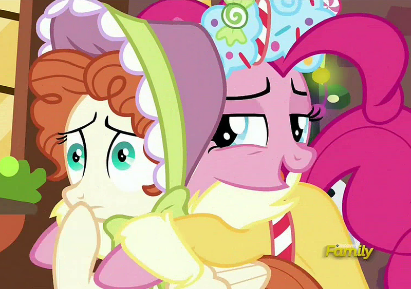 Size: 1506x1060 | Tagged: a hearth's warming tail, bow bonnet, derpibooru import, discovery family logo, hape, hug, i need an adult, out of context, pinkie pie, safe, screencap, spirit of hearth's warming presents, the little redheaded mare