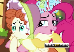 Size: 1280x901 | Tagged: a hearth's warming tail, bow bonnet, brazzers, derpibooru import, edit, edited screencap, hape, hug, pinkie pie, screencap, spirit of hearth's warming presents, suggestive, the little redheaded mare