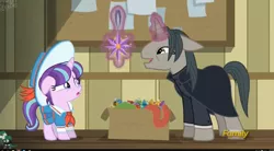 Size: 1280x704 | Tagged: a hearth's warming tail, derpibooru import, discovery family logo, edit, edited screencap, editor:synfag, inverted eyes, inverted mouth, professor flintheart, safe, screencap, severus snape, snowfall frost, starlight glimmer