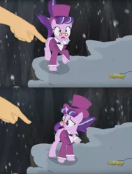 Size: 1398x1851 | Tagged: a hearth's warming tail, boop, boop edit, butt boop, butt poking, butt touch, derpibooru import, discovery family logo, edit, edited screencap, poking, safe, screencap, snowfall frost, solo, starlight glimmer, surprised, wide eyes