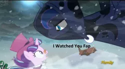 Size: 2497x1377 | Tagged: a hearth's warming tail, caption, derpibooru import, discovery family logo, edit, edited screencap, image macro, implied masturbation, meme, princess luna, screencap, snowfall frost, spirit of hearth's warming yet to come, starlight glimmer, suggestive, text, vulgar