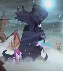 Size: 783x873 | Tagged: safe, derpibooru import, edit, edited screencap, screencap, princess celestia, princess luna, spirit of hearth's warming yet to come, pony, unicorn, a hearth's warming tail, cloak, clothes, eyes closed, female, glowing horn, gritted teeth, horn, implied princess celestia, light spell, magic, mare