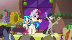 Size: 849x474 | Tagged: a hearth's warming tail, derpibooru import, discovery family logo, octavia melody, phonograph, pinkie pie, safe, screencap, spirit, spirit of hearth's warming presents, victrola scratch, vinyl scratch, wax cylinder