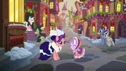 Size: 1106x622 | Tagged: safe, derpibooru import, screencap, baroque cloak, diamond tiara, doctor whooves, octavia melody, spoiled rich, time turner, earth pony, pony, unicorn, a hearth's warming tail, clothes, cute, diamondbetes, dress, facial hair, female, filly, foal, hat, hood, male, mare, mother and child, mother and daughter, moustache, stallion