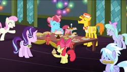 Size: 1920x1080 | Tagged: a hearth's warming tail, apple bloom, cake, carrot cake, cloudchaser, cookie, cup cake, cupcake, cutie mark, derpibooru import, discovery family logo, flitter, food, pie, safe, screencap, starlight glimmer, the cmc's cutie marks