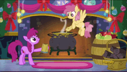 Size: 640x360 | Tagged: a hearth's warming tail, animated, berry punch, berryshine, cauldron, cider, derpibooru import, discovery family logo, dizzy twister, ladle, orange swirl, safe, screencap