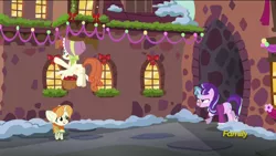 Size: 1366x768 | Tagged: a hearth's warming tail, bow bonnet, derpibooru import, discovery family logo, safe, screencap, snowfall frost, starlight glimmer, the little match filly, the little match girl