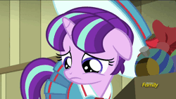 Size: 710x400 | Tagged: a hearth's warming tail, animated, clothes, derpibooru import, discovery family logo, eye shimmer, female, filly, loop, sad, sadlight glimmer, safe, school uniform, screencap, snowfall frost, starlight glimmer, younger