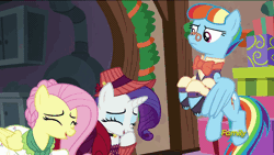Size: 806x454 | Tagged: a hearth's warming tail, animated, derpibooru import, discovery family logo, flutterholly, fluttershy, loop, merry, rainbow dash, rarity, safe, screencap, snowdash