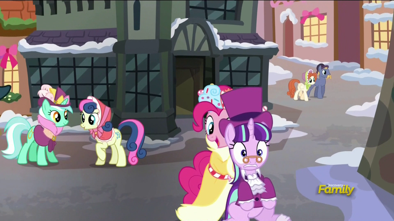 Size: 1920x1080 | Tagged: safe, derpibooru import, screencap, bon bon, bow bonnet, lyra heartstrings, pinkie pie, snowfall frost, spirit of hearth's warming presents, starlight glimmer, sweetie drops, unnamed character, unnamed pony, earth pony, pegasus, pony, unicorn, a hearth's warming tail, background pony, discovery family logo, female, male, mare, stallion