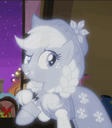 Size: 423x482 | Tagged: a hearth's warming tail, animated, applejack, caption, derpibooru import, edit, edited screencap, image macro, meme, pointing, reaction image, safe, screencap, spirit of hearth's warming past, text