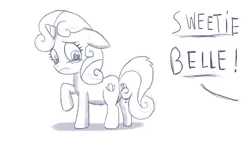 Size: 1310x817 | Tagged: artist:pentrig, crying, cutie mark, dead source, derpibooru import, dialogue, monochrome, offscreen character, safe, sketch, solo focus, sweetie belle, the cmc's cutie marks