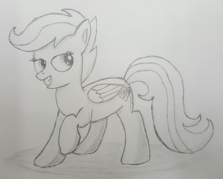 Size: 2495x2004 | Tagged: artist:darelith, cutie mark, derpibooru import, monochrome, pencil drawing, raised hoof, safe, scootaloo, sketch, solo, the cmc's cutie marks, traditional art