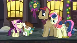 Size: 1280x720 | Tagged: safe, derpibooru import, screencap, bon bon, boysenberry, pipsqueak, sweetie drops, unnamed character, unnamed pony, pony, a hearth's warming tail, background pony, discovery family logo, plushie