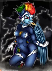 Size: 2937x4000 | Tagged: absurd resolution, anthro, artist:neko-me, breasts, busty rainbow dash, clothes, derpibooru import, electricity, female, jewelry, lightning, mouth hold, muscles, necklace, pendant, power ponies, power ponies (episode), rainbow dash, solo, solo female, suggestive, superhero, zapp