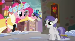 Size: 2048x1138 | Tagged: a hearth's warming tail, cute, derpibooru import, discovery family logo, pinkie pie, safe, screencap, spirit of hearth's warming presents, tornado bolt, tornadorable, toy