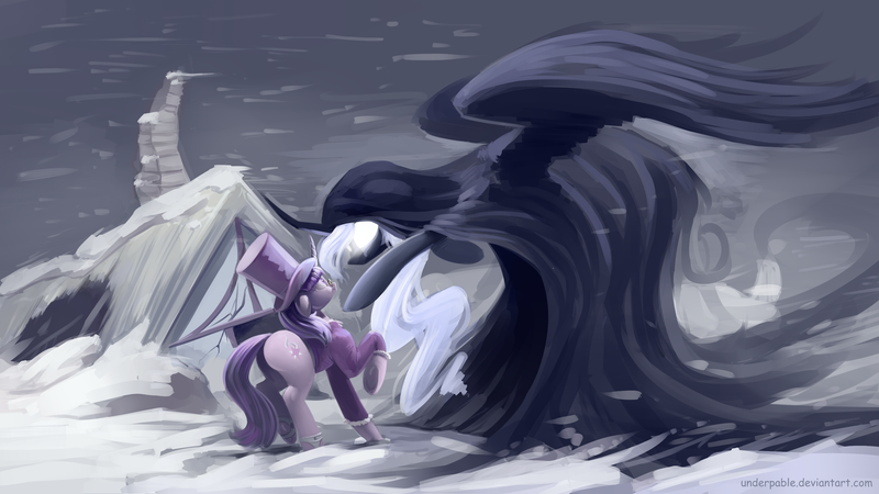 Size: 3840x2160 | Tagged: safe, artist:underpable, derpibooru import, princess luna, snowfall frost, spirit of hearth's warming yet to come, starlight glimmer, alicorn, pony, unicorn, a hearth's warming tail, clothes, curved horn, duo, female, floppy ears, frown, glowing eyes, hat, horn, mare, pointing, raised hoof, scared, scene interpretation, underhoof, wide eyes