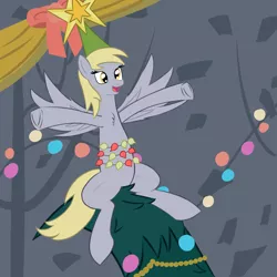 Size: 1500x1500 | Tagged: a hearth's warming tail, artist:laserbiskit, christmas, christmas lights, christmas tree, derpibooru import, derpy hooves, derpy star, holiday, open mouth, safe, scene interpretation, smiling, tree, underhoof