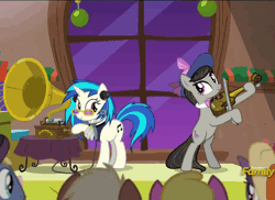 Size: 662x482 | Tagged: a hearth's warming tail, animated, cute, dancing, derpibooru import, diapinkes, discovery family logo, musical instrument, octavia melody, phonograph, pinkie pie, safe, screencap, spirit of hearth's warming presents, victrola scratch, vinyl scratch, violin, wax cylinder