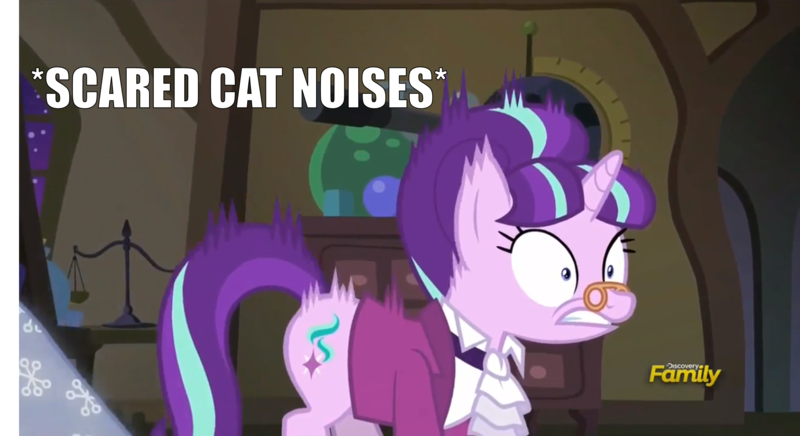 Size: 2184x1189 | Tagged: a hearth's warming tail, behaving like a cat, caption, derpibooru import, descriptive noise, discovery family logo, edit, edited screencap, frown, gritted teeth, image macro, meme, safe, screencap, snowfall frost, solo, starlight glimmer, text, wide eyes