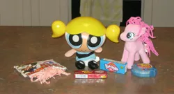 Size: 2401x1305 | Tagged: artist:cheerbearsfan, bubblegum, bubbles (powerpuff girls), derpibooru import, food, gum, gummi intestines, hubba bubba, irl, photo, pinkie pie, plushie, safe, the powerpuff girls