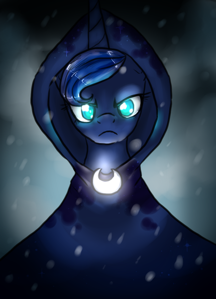 Size: 740x1026 | Tagged: a hearth's warming tail, artist:not-ordinary-pony, cloak, clothes, derpibooru import, frown, looking at you, princess luna, safe, snow, snowfall, solo, spirit of hearth's warming yet to come