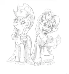 Size: 924x992 | Tagged: safe, artist:saturdaymorningproj, derpibooru import, applejack, pinkie pie, spirit of hearth's warming past, spirit of hearth's warming presents, earth pony, pony, a hearth's warming tail, duo, female, grayscale, lineart, mare, monochrome, open mouth, raised hoof, simple background, smiling, traditional art