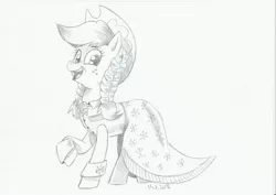 Size: 3507x2480 | Tagged: safe, artist:saturdaymorningproj, derpibooru import, applejack, spirit of hearth's warming past, earth pony, pony, a hearth's warming tail, clothes, female, grayscale, mare, monochrome, open mouth, raised hoof, simple background, smiling, solo, traditional art