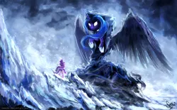 Size: 3000x1865 | Tagged: safe, artist:nemo2d, derpibooru import, princess luna, snowfall frost, spirit of hearth's warming yet to come, starlight glimmer, alicorn, pony, a hearth's warming tail, clothes, duo, epic, scene interpretation, snow, spread wings, wings